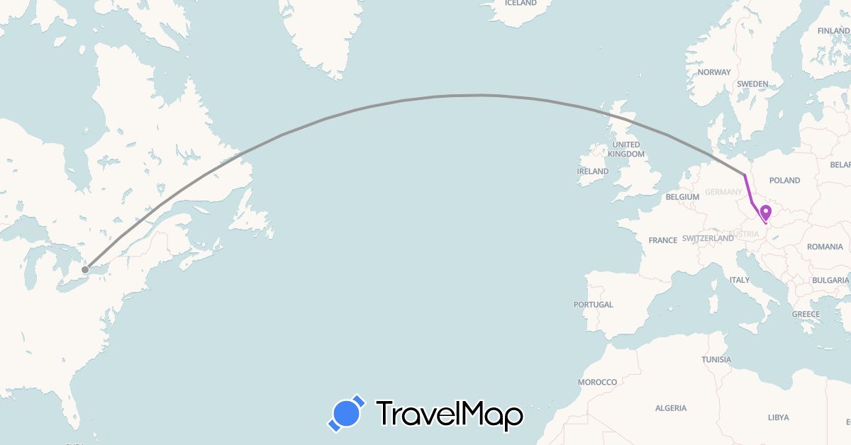 TravelMap itinerary: driving, plane, train in Austria, Canada, Czech Republic, Germany (Europe, North America)